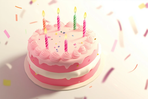粉色生日蛋糕与飞舞的彩带
