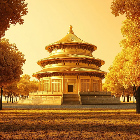 金黄色天坛建筑屹立于秋日树林中