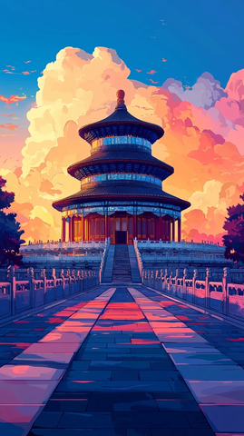 天坛古建筑与霞光云彩相映的壮观景象