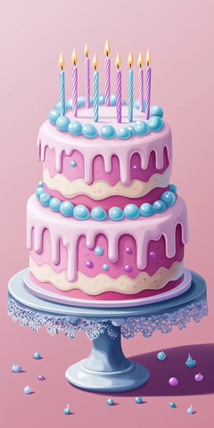 粉色蛋糕蓝色珍珠九根蜡烛