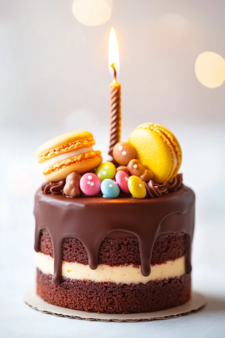 巧克力蛋糕与马卡龙和麦提莎