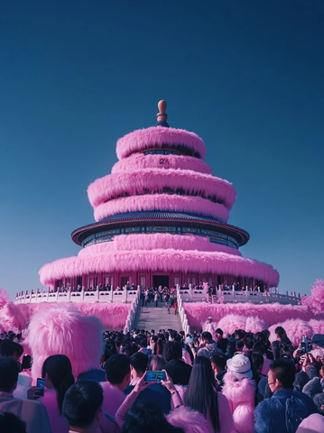 人群聚集在被粉色装饰的特色建筑前