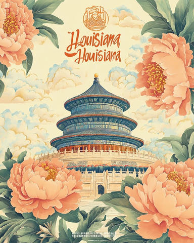 天坛建筑图周围环绕盛开的粉色牡丹花