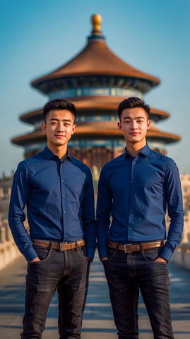 天坛前穿着衬衫的两位男士