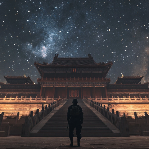 星空下站在古建筑前的士兵剪影