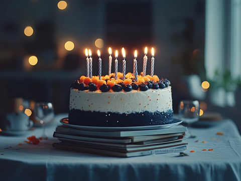 生日蛋糕与书堆餐桌布置