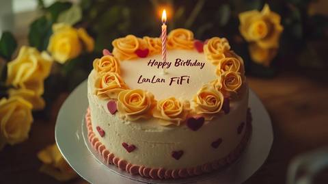 生日蛋糕烛光与黄玫瑰