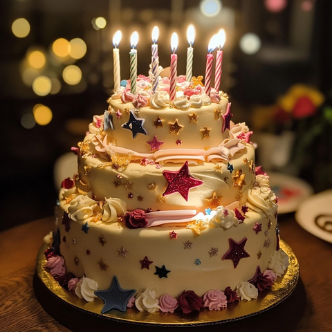 六层生日蛋糕与星形蜡烛