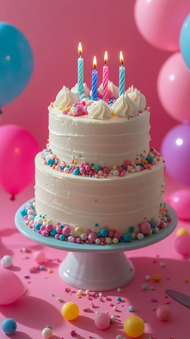 粉色背景三层蛋糕气球蜡烛
