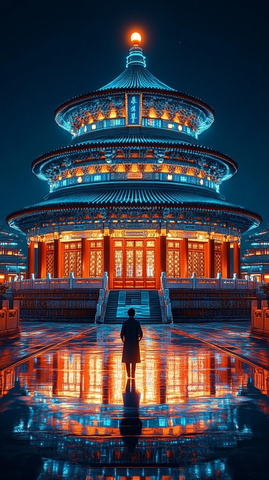 天坛夜景下独行者的唯美画面