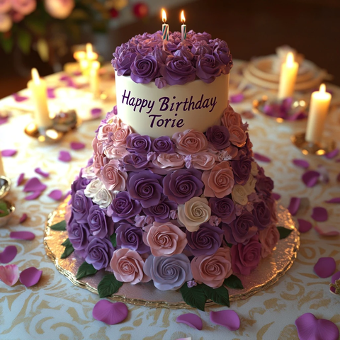 三层紫色玫瑰生日蛋糕