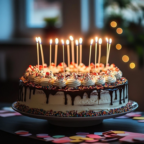 带有许多蜡烛的形蛋糕
