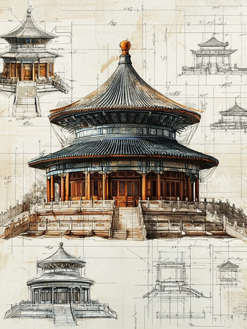 天坛建筑手绘图及各角度结构设计图