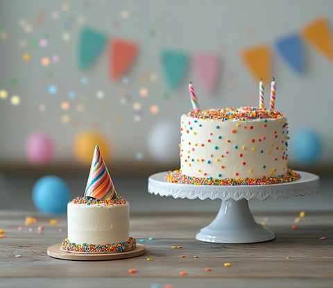 生日蛋糕与帽子和横幅