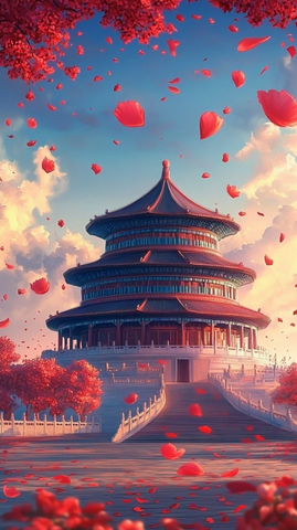 天坛古建筑与漫天花瓣的唯美景观