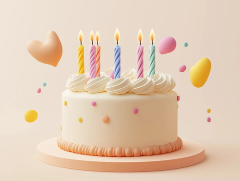 插画生日蛋糕与六根蜡烛