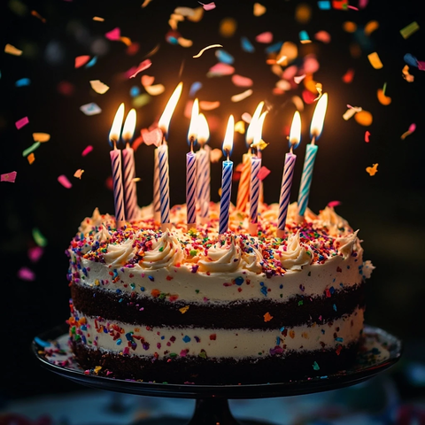 支蜡烛生日蛋糕与飞舞彩带