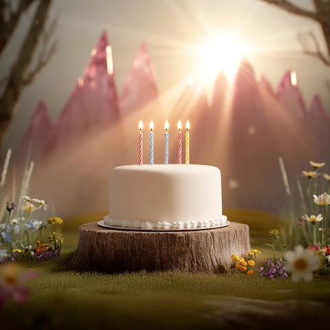 生日蛋糕与五根蜡烛在花丛中