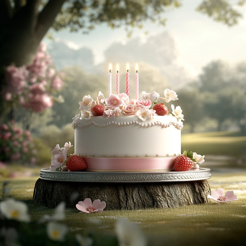 粉色白色生日蛋糕银盘花朵