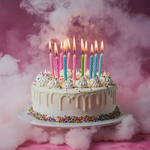 白色生日蛋糕彩色装饰烟雾弥漫