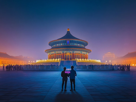 天坛夜景下的双人剪影