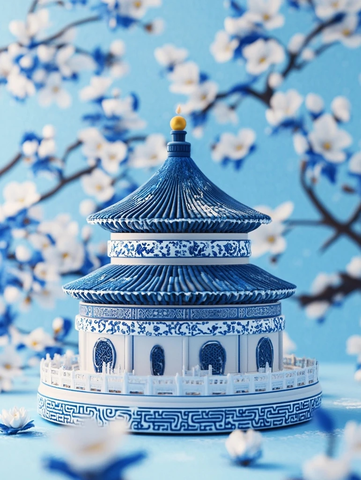 青花瓷天坛建筑置于蓝白繁花背景中