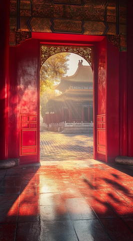 红色宫门内的古建筑景观