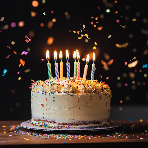 生日蛋糕与蜡烛和飘落彩纸