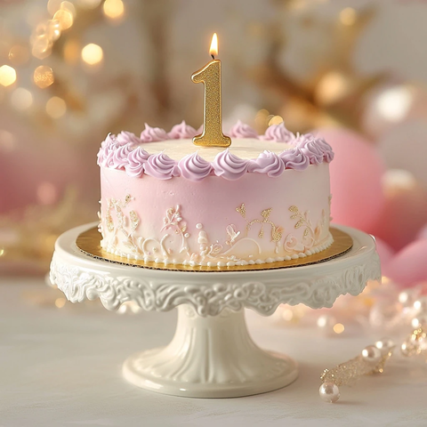 粉色蛋糕金色瓷盘生日场景