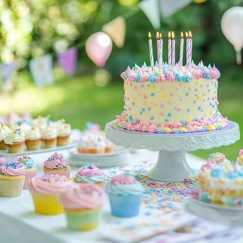 花园派对生日蛋糕与纸杯蛋糕