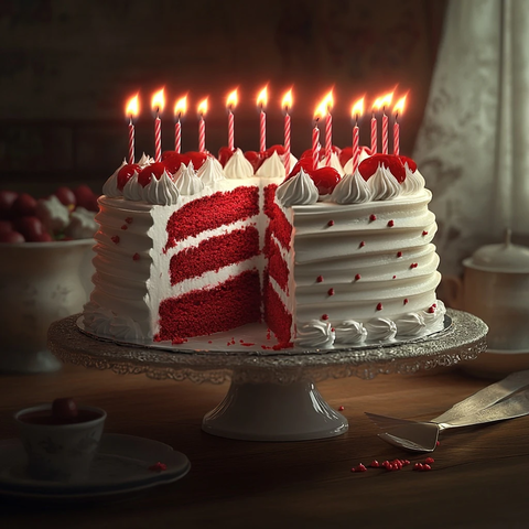 红色蛋糕切块带蜡烛