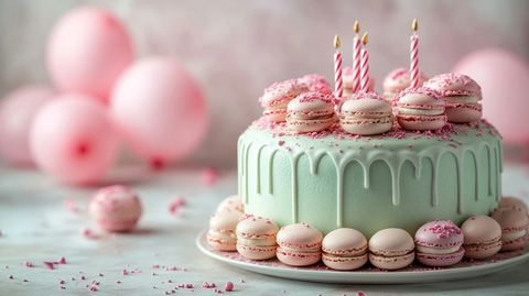 绿色生日蛋糕与马卡龙气球
