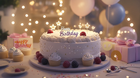 生日蛋糕与装饰灯串