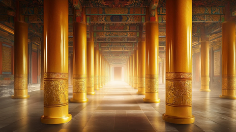 古宫殿内排列整齐的雕金廊柱全景
