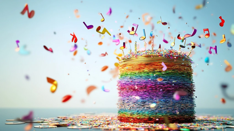 碟片生日蛋糕与飞舞音符