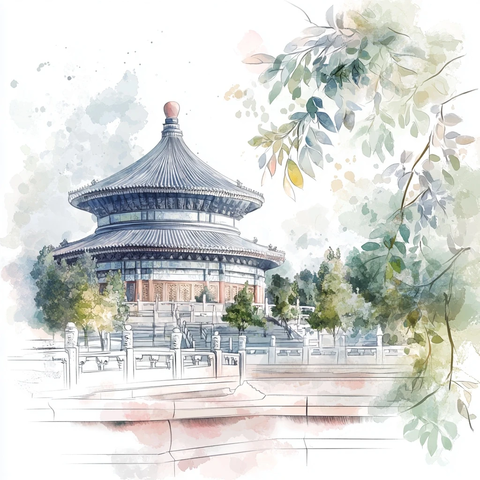 中国传统建筑天坛的水彩画风格呈现