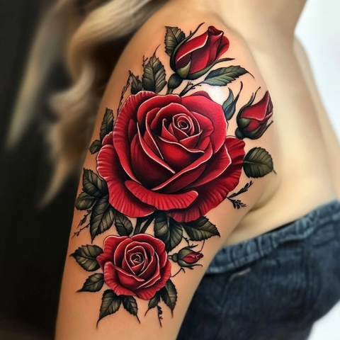 大红玫瑰纹身覆盖上臂肩部