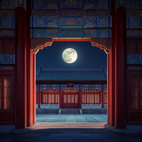 古建筑门框中的月夜景致