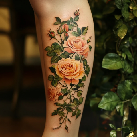 野生玫瑰小腿纹身设计