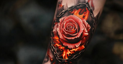 红玫瑰火焰链纹身手臂