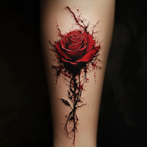 超写实玫瑰血滴纹身