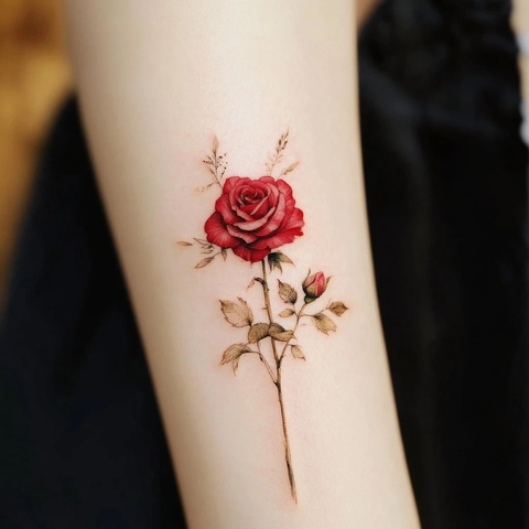 手臂玫瑰纹身细线风格
