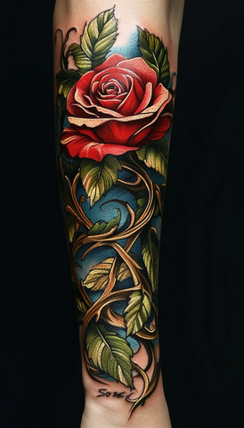红玫瑰藤蔓纹身设计