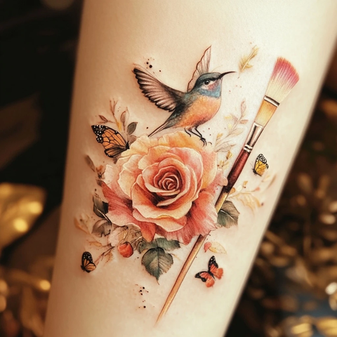 玫瑰蝴蝶鸟纹身图案