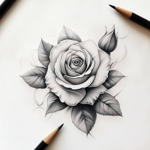 黑灰色调玫瑰纹身设计