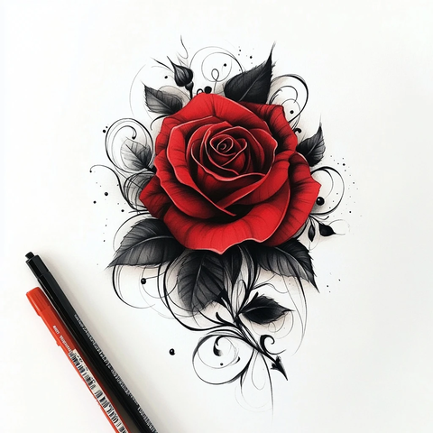 暗红玫瑰黑叶卷纹图案