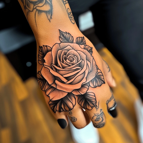 黑灰玫瑰手部纹身