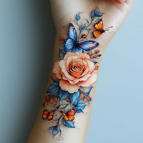 手腕玫瑰蝴蝶纹身贴
