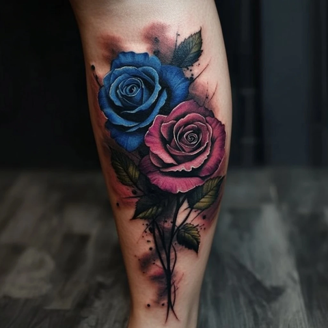 深蓝玫瑰与深紫玫瑰纹身设计