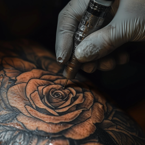 纹身师手套手持纹身机绘制玫瑰